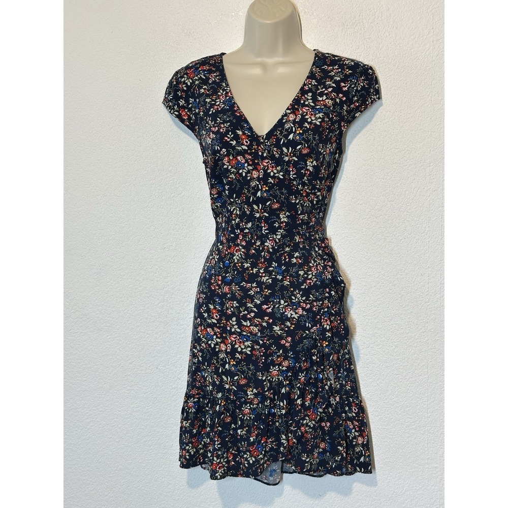 J Crew Navy Floral Faux Wrap Cap Sleeve Mini Dress Ruffle Hem Size 6